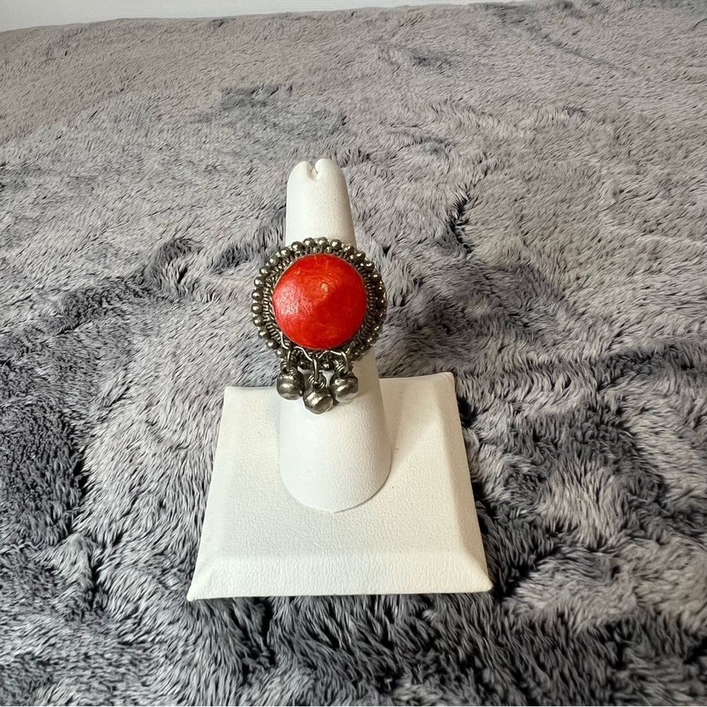 Vintage Red Coral Silver Hat Ring with Bell Charms Adjustable